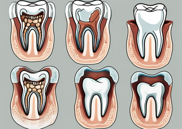 A close-up view of teeth showing different stages of dental cavities