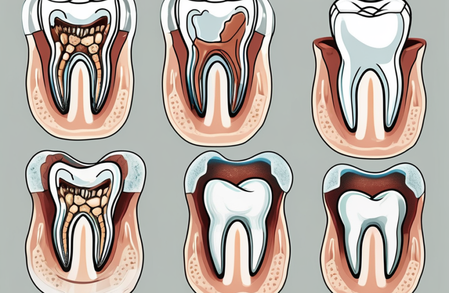 A close-up view of teeth showing different stages of dental cavities