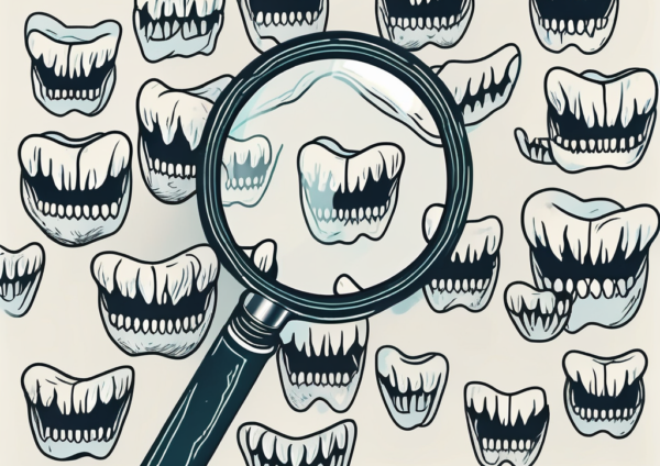 A magnifying glass focusing on a set of teeth with visible cavities