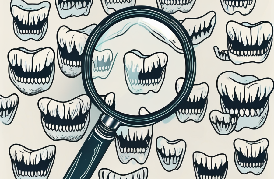 A magnifying glass focusing on a set of teeth with visible cavities