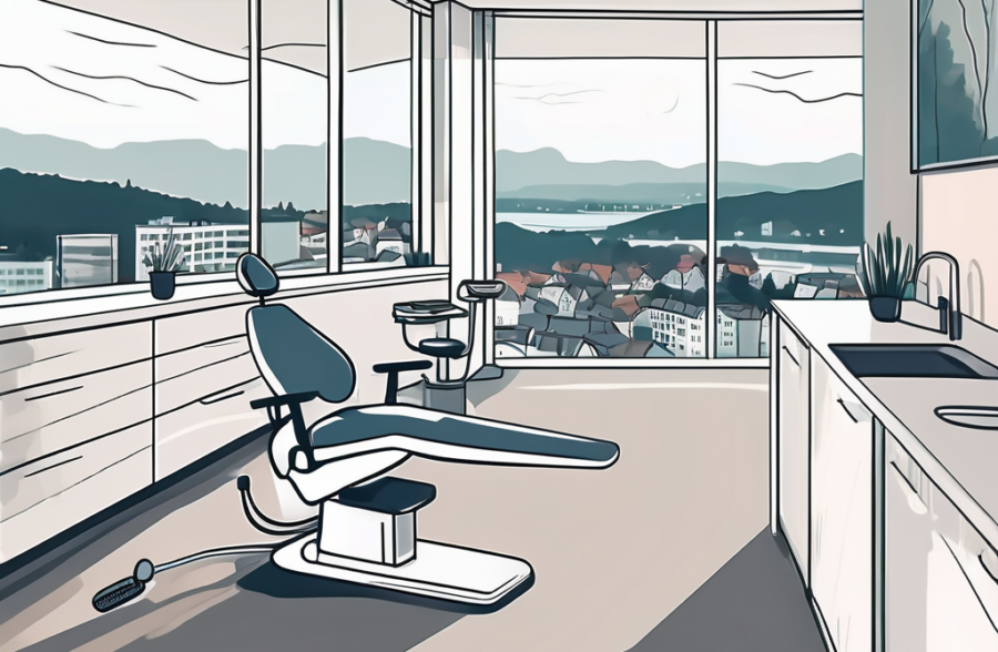 A modern dental clinic with a scenic view of the tønsberg cityscape in the background
