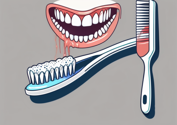 A toothbrush gently brushing against inflamed gums with a tube of therapeutic toothpaste nearby