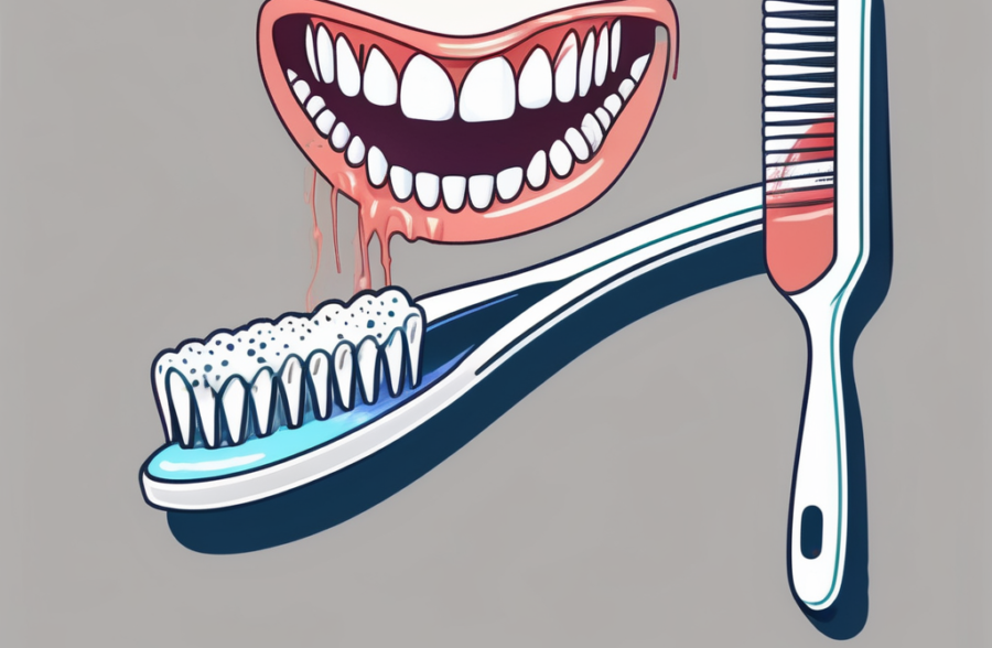 A toothbrush gently brushing against inflamed gums with a tube of therapeutic toothpaste nearby