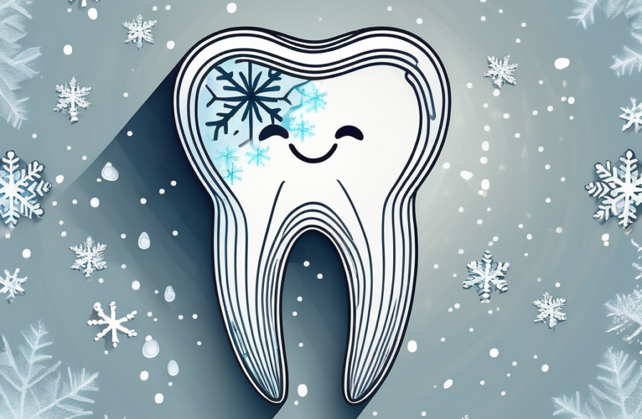 A tooth surrounded by icy swirls and snowflakes to symbolize tooth sensitivity to cold